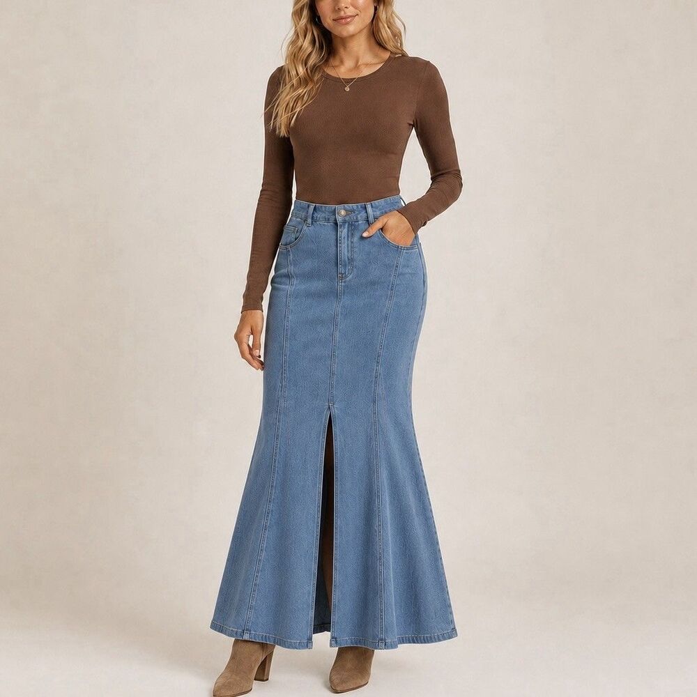 Halara Small Tall Denim Mermaid Maxi Skirt Front Slit Stretch Blue NWT